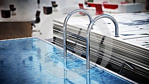 Document folder mechanism illustrated as swimming pool ladder. Business and vacations concept. 3D illustration