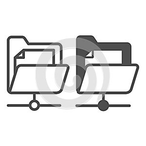 Document folder and network connection, file line and solid icon, computing concept, data doc vector sign on white
