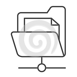 Document folder and network connection, file thin line icon, computing concept, data doc vector sign on white background