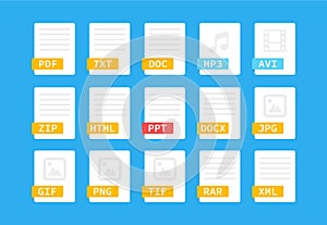 Document format. Flat style icon set. Programming file type, extension. Pictogram. Web and multimedia. Computer