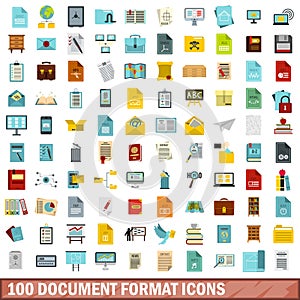 100 document format icons set, flat style