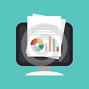 Document with graph, reports icon on computer. Data analysis vector illustration. Flat design style