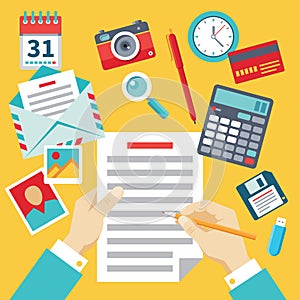 Document with Hands & Vector Icons - Flat Design Style