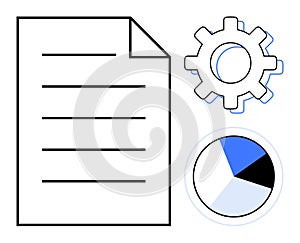 Document with Gear and Pie Chart Representing Data Analysis and Workflow Optimization