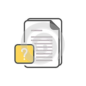 Document icon with question mark. Document icon and help, how to, info, query symbol