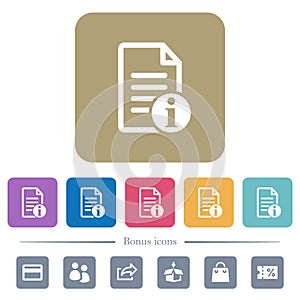 Document info flat icons on color rounded square backgrounds