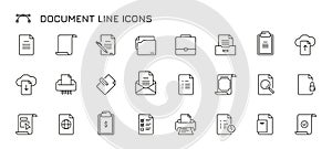 Document line icons. Thin paper and envelope with stamp, legal agreement and contract, paper with signature and seal