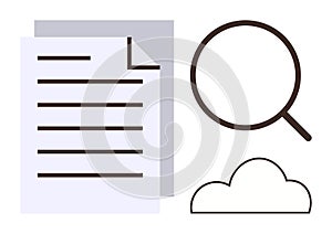 Document with Magnifying Glass and Cloud Representing Search, Storage, and Analysis Themes