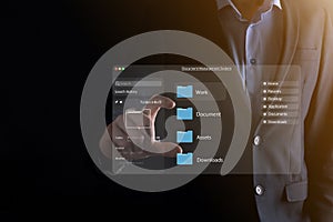 Document management concept. Virtual screen icons Document Management System DMS Online document database, software for efficient