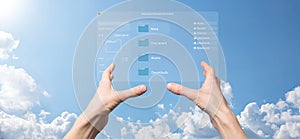 Document management concept. Virtual screen icons Document Management System DMS Online document database, software for efficient