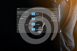 Document management concept. Virtual screen icons Document Management System DMS Online document database, software for efficient
