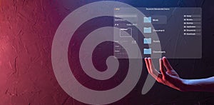 Document management concept. Virtual screen icons Document Management System DMS Online document database, software for efficient