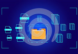 Document management system concept, folder and document icon software, searching and managing files online document database, for