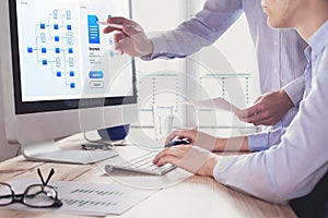 Document management system DMS allowing efficient business processes. colleagues working with file manager on computer screen at photo