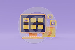 Document management system, Online data storage for business network concept, Computer screen with File folders, 3d rendering