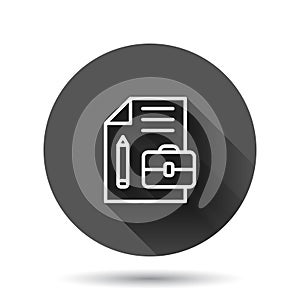 Document note with pen icon in flat style. Paper sheet pencil and briefcase vector illustration on black round background with