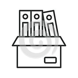 Document packing icon in line design. documents, box, office, moving, storage on white background vector. document packing