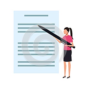 Document page and avatar woman with big pen