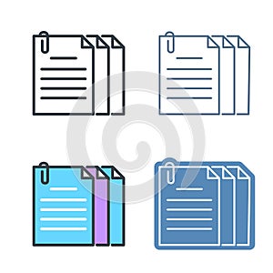 The document pile with paperclip. Vector outline icon set.