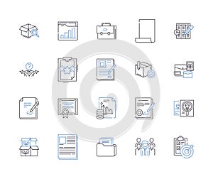 Document processing outline icons collection. Documentation, Processing, Editing, Scanning, Creating, Sharing