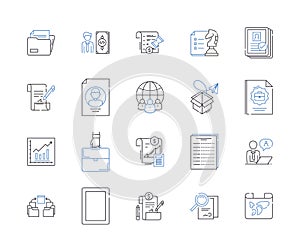 Document processing outline icons collection. Documentation, Processing, Editing, Scanning, Creating, Sharing