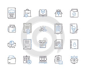 Document processing outline icons collection. Documentation, Processing, Editing, Scanning, Creating, Sharing
