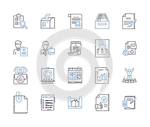 Document processing outline icons collection. Documentation, Processing, Editing, Scanning, Creating, Sharing