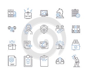 Document processing outline icons collection. Documentation, Processing, Editing, Scanning, Creating, Sharing