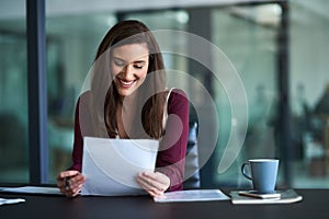 Document, reading and business woman in office with pen for job promotion, onboarding or recruitment. Paperwork, career