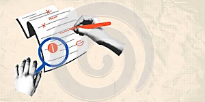 Document review halftone collage vector illustration