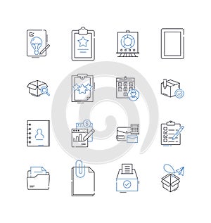 Document routing line icons collection. Routing, Workflow, Automation, Delivery, Forwarding, Processing, Tracking vector