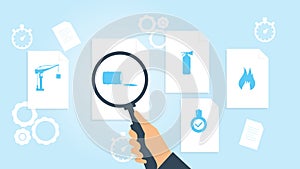 Document with search icons. File and magnifying glass. Analytics research sign. Vector Illustrationfire, hazard file, document