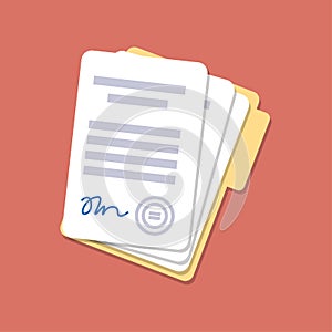 Document with signature, text. Folder and stack of papers. Law, contract concept. Vector flat design