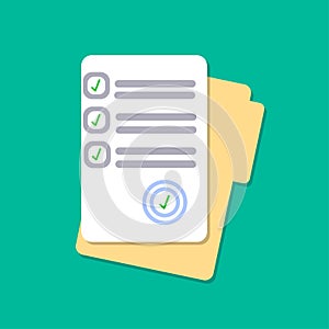 Document with signature, text. Folder and stack of papers. Law, contract concept. Vector flat design