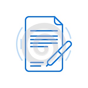 Document signing vector line icon. Sheet of paper with terms of deal and pen.