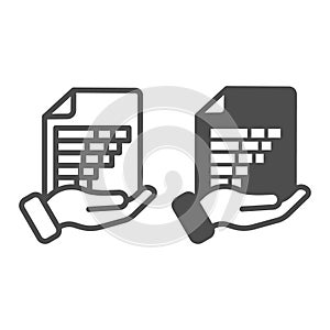 Document with statistics graph in hand line and solid icon, osint analytics concept. Vector graphics. Helping hand with