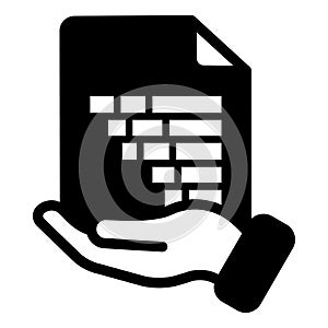 Document with statistics graph in hand solid icon, osint analytics concept. Vector graphics. Helping hand with data