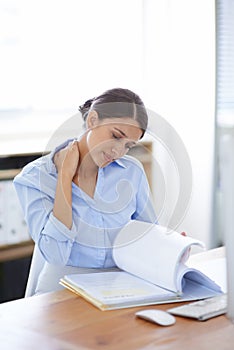 Document, stress and businesswoman in office, neck pain and paperwork or planning report and project. Female, financial