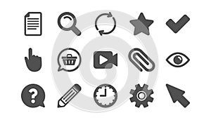 Document, Time and Question mark icons. Search, Video and Check mark. Classic icon set. Vector