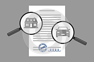 Document and two magnifiers with car and house icons