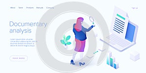 Documentary analysis in isometric vector illustration. Document qualitative research with woman looking through magnifier. Web