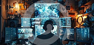 Documentarystyle image of a hacker working in a dimly lit room surrounded by multiple screens displaying code exploring the darker