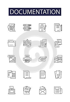 Documentation line vector icons and signs. Papers, Reports, Manuals, Instructions, Evidence, Logs, Guides, Histories photo