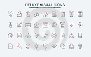 Documents approval line icons set, license stamp and certified quality form, handshake