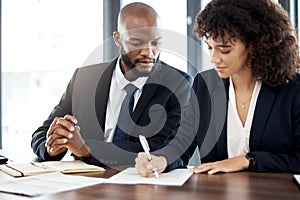 Documents, business and black people writing notes for accounting strategy, planning and company portfolio review