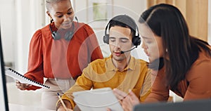 Documents, call center or telemarketing team training with sales consultants for customer support. Diversity, teamwork