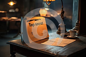 documents with confidential information in top secret folders on table