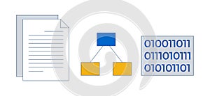Documents, flowchart and binary code 2D cartoon objects set