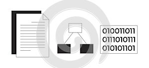 Documents, flowchart and binary code 2D line objects set