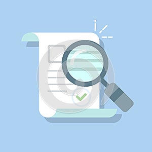 Documents icon and magnifying glass. Confirmed or approved document. Flat illustration isolated on color background.